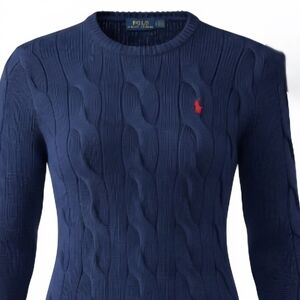 Ralph Lauren Polo Cable Knit Sweater Red Pony Navy Medium Preppy Like New